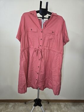Croft & Barrow Pink Button-Front Drawstring Midi Dress 2x